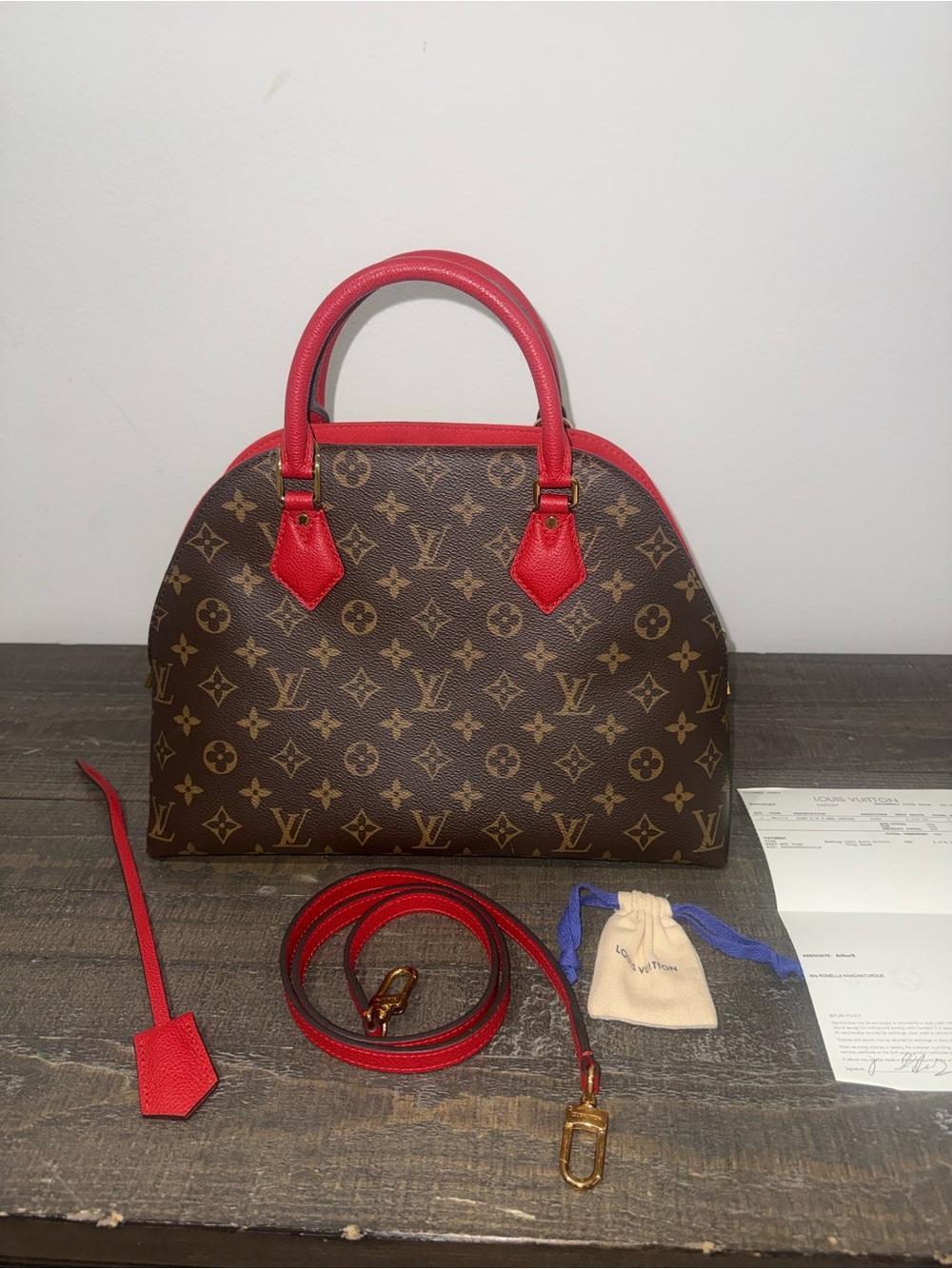 Louis Vuitton Brown Monogram Satchel with Red Trim